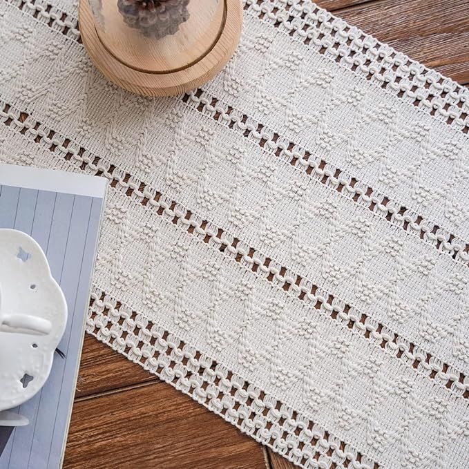 Alynsehom Macrame Table Runner Cream Beige Boho Table Runners with Tassels Hand Woven Cotton Table Runner Rustic Farmhouse Table Runners for Bohemian Kitchen Dining Table(12x60in)