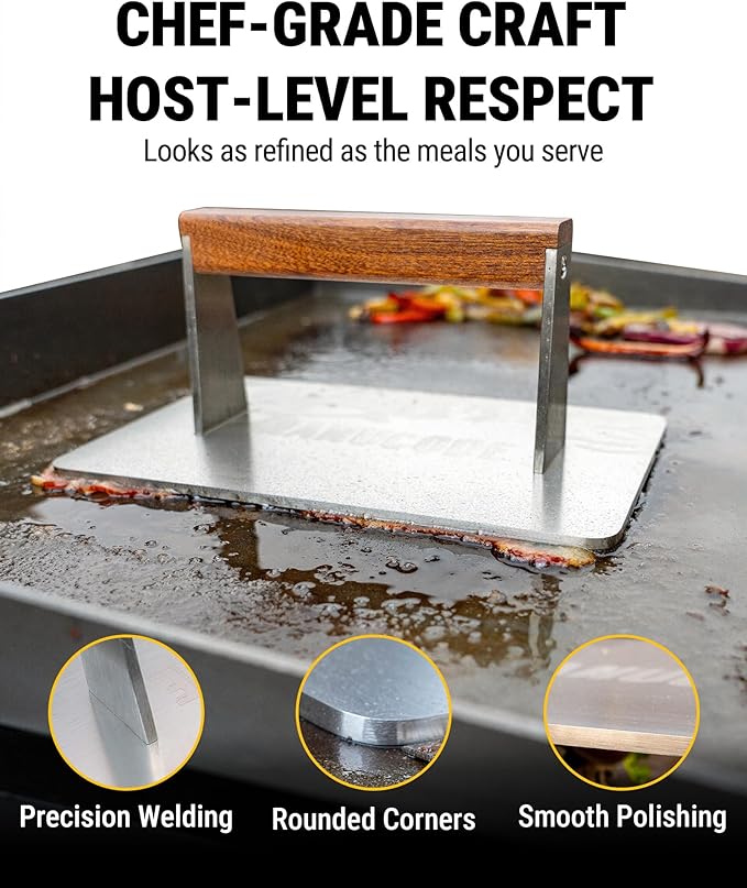 Manucode Stainless Steel Bacon Press - 3.2 LB Heavy Cooking Weight, Ideal for Flat Top Grill - Griddle Accessories for Searing Smash Burger, Steak, Sandwich - 9.25 x 5.7 Inches, Flat Bottom, Rectangle