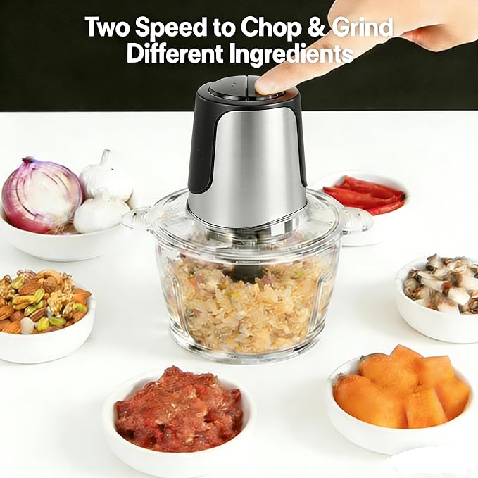 Simple Deluxe Electric Meat Grinders, 450W Mini Food Processor & Food Chopper with 2 Bowls (8 Cup+8 Cup) and 2 Bi-Level Blades for Fruits, Meat, Nuts, Baby Food, Silver