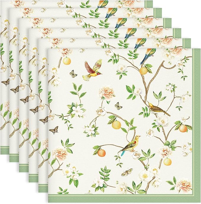 Bird Branch Napkins, 18×18 Inch Floral Dinner Cloth Napkins Set of 6, Washable Cotton Soft Absorbent Square Napkins for Dining Kitchen Party Wedding Decoration