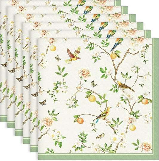 Bird Branch Napkins, 18×18 Inch Floral Dinner Cloth Napkins Set of 6, Washable Cotton Soft Absorbent Square Napkins for Dining Kitchen Party Wedding Decoration