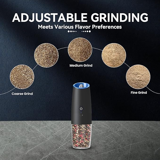 Rechargeable Electric Salt and Pepper Grinder, gravity electric salt and pepper grinder, Adjustable Roughness, LED Light, 1 Pack, (Black)