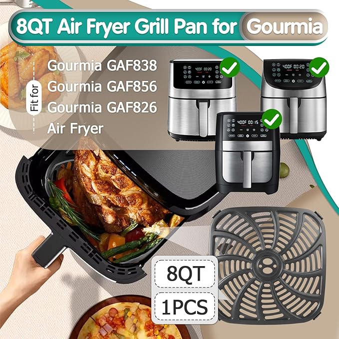 8QT Air Fryer Grill Plate for Gourmia GAF838 GAF856 GAF826 Air Fryers, 9.8''×9.8'' Square Air Fryer Tray Replacement for Gourmia, Nonstick Air Fryer Grill Pan for Gourmia 8QT Air Fryer