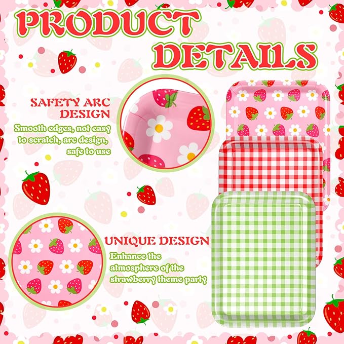 Tioncy 3 Pcs Strawberry Birthday Party Plates Pink Plastic Serving Tray for Summer Berry First Birthday Decoration, 13 x 10 Inch
