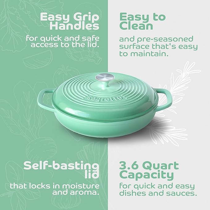 Segretto Cookware 3.6 QT Verde Chiaro (Light Green) Cast Iron Braiser Pan With Lid, Braiser Enameled Cast Iron Casserole Pan With Cover, Lasagna Pan Enamel Cast Iron Skillet with Lid Cookware