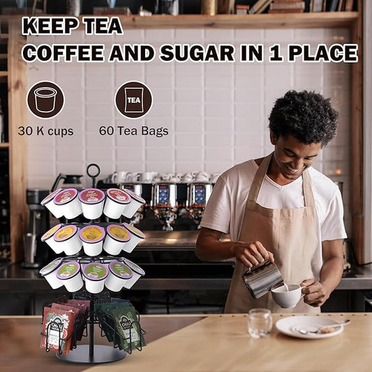 Coffee Pod Holder for Keurig & Tea Bag Organizer, K-Cup Holder Compatible with 36 K-Cups Pods, 60 Tea Bags, Spins 360-Degrees Carousel Stand, Coffee Pod Tea Bag Storage Stand Organizer for Countertop