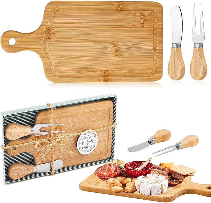 Ziliny 2 Set Bridal Baby Shower Cheese Prizes Wooden Square Board Gift Set Knives Forks Thank You Tags with Box for Guests for Valentines Bridal Baby Shower Housewarming Gifts (Bamboo Color)