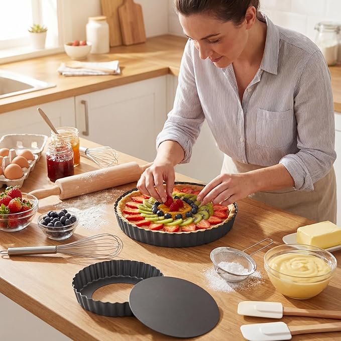 Yiyiring 5 Packs Pie Tart Pans with Removable Bottom 4'' 6" 9" 10" 11" Round Nonstick Quiche Pan Bakeware Pie Tart Molds Steel Flan Tins Fluted Side for Pies Mousse Cheese Cookie Cake Dessert