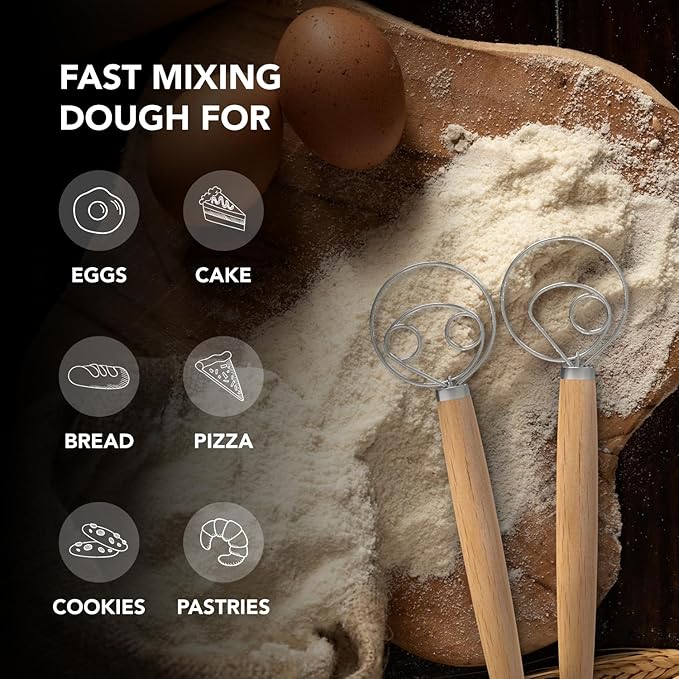 O'Creme Danish Dough Whisk - One Eye Stainless Steel Bread Mixer with Wooden Handle - Sourdough Whisk for Baking Dough, Pizza, Pastries - Food-Grade, Dishwasher Safe