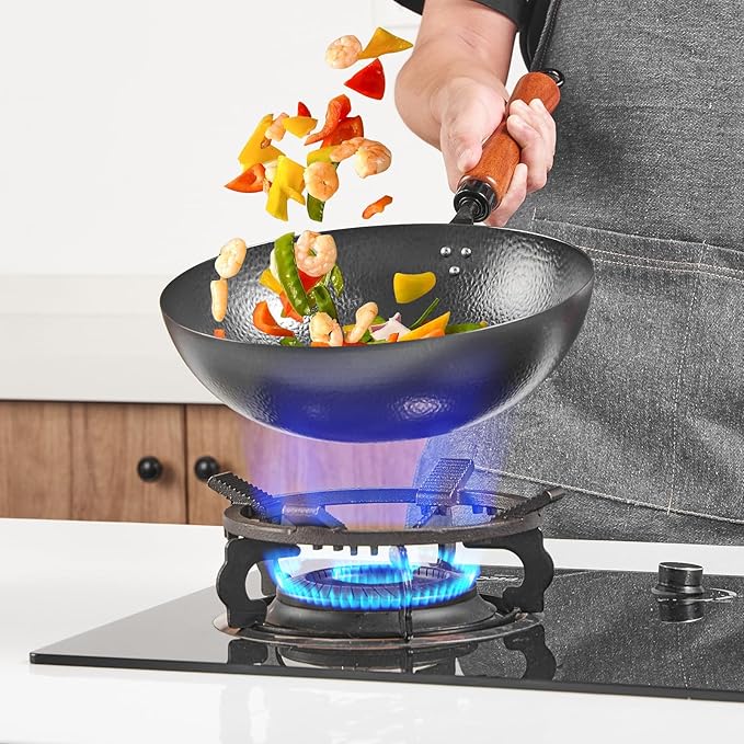 VIVIDCOOKWARE 11 Inch Round Bottom Wok, Cold-Forged Iron Wok with Glass Lid, Carbon Steel Wok with Wooden Handle, Heavy-Duty Stir Fry Pan for Gas Stoves and Round-Bottom Induction Stovetop