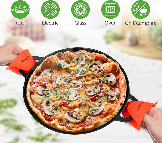 NutriChef 13-Inch Flat Cast Iron Pizza Pan - Versatile Pre-Seasoned Round Cooking Griddle w/Built-In Handles for Oven, Grill, Stove, and Campfires - Includes 2 Heat Safe Silicone Grips