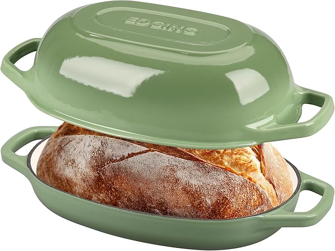 EDGING CASTING Enameled Cast Iron Oval Dutch Oven Pot with Lid, Dutch Oven for Sourdough Bread Baking, Oval Bread Pan, Bread Oven, Bread Dutch Oven, 5qt, Pistachio Green