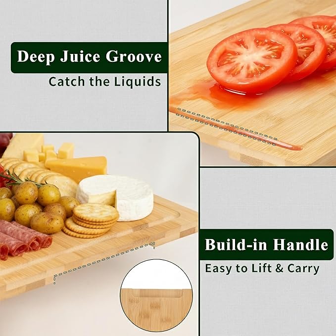 Tafopue Bamboo Cutting Board Set of 3 with Stand, Wooden Chopping Boards for Kitchen, Reversible Butcher Block with Juice Groove & Handle, Charcuterie Boards for Meat, Vegetables, Fruit, Cheese