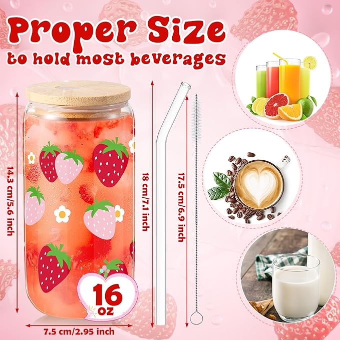 Sliner 2 Pcs Strawberry Glass Cups Drinking Glasses 16 oz Iced Coffee Cup with Lid Straw Cleaning Brush Cute Beer Can Tumbler Holiday Gifts for Spring Summer Home Office Decorations