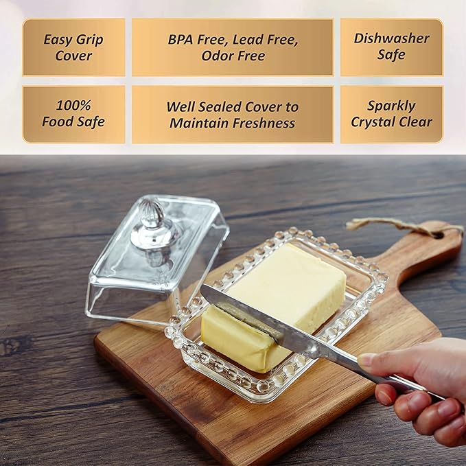6.5'' Clear Glass Butter Dish with Handled Lid,Classic 2-Piece Design Butter Keeper For Countertop,Dishwasher Safe