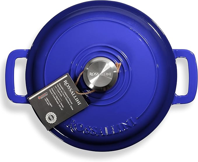 ROSSALLINI Signature Enameled Cast Iron Dutch Oven, Non-Stick Serving Pot with Tight Fitting Lid for Perfect Roasting, Baking, Sauteing, and Bread Making | 7.4Q (7L) - Indigo Blue