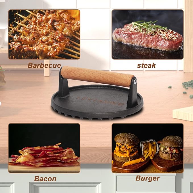 2.2lbs Heavy-Duty Griddle Press for Bacon Burger Steak Meat Paninis Burger Bacon Vegetables, Cast Iron BBQ Grill Press for Weber Blackstone Camp, Food Press for Cooking Round Wood Handle