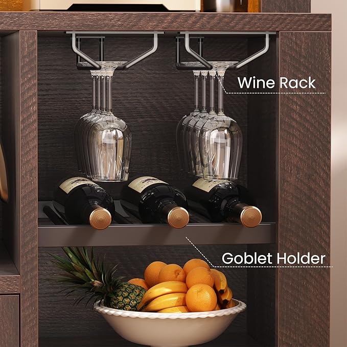 Itaar 73" Tall Arched Bakers Rack with Power Outlet and LED Light, Farmhouse Coffee Bar Cabinet, Kitchen Microwave Stand with Storage for Kitchen, Dining Room, Living Room, Brown