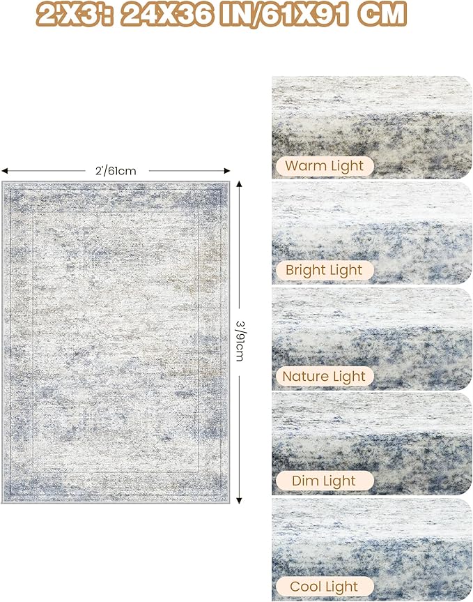 2x3 Washable Rug Runner for Bathroom, Soft Entryway Rug for Laundry Room, Kitchen, Vintage Abstract Hallway Runner for Bedroom, Anti-Slip Door Mat Indoor Entrance(2'x3', Blue/Brown/Ivory)
