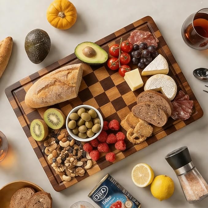 Acacia Wood Cutting Boards for Kitchen, Checkered Chopping Board with Juice Grooves & Handles, Large Butcher Block Serving Tray with Non‑Slip Feet, 20" × 15" × 1.5"
