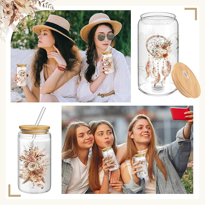 Mumufy 4 Pack Boho Floral Glass Tumbler Gift Set for Bridesmaid Gifts and Bridal Showers Soft Brown Spring Style Glass Cups