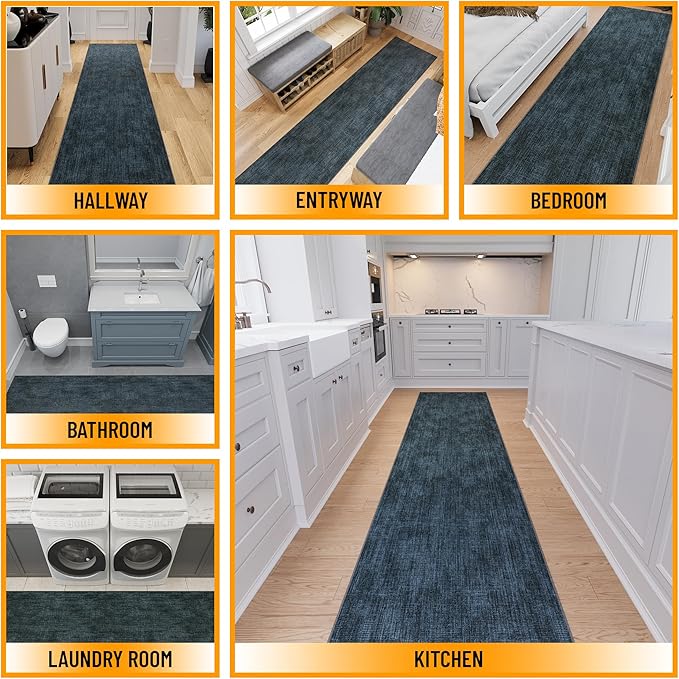 Ottomanson 3-Piece Kitchen Rug Set - Non Slip Runner & Washable Mat - 1'11" x 3' + 1'11" x 4' + 1'11"' x 5' - Durable, Stain Resistant for Entryway, Bedroom and Bathroom, Solid Charcoal Navy