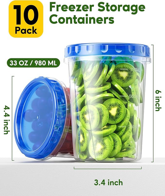 10 Pack-33oz Freezer Storage Containers Set, Plastic Food Storage Containers with Twist Top Lids, BPA Free Stackable Soup Containers for Overnight Oats/Salad/Leftover/Soup/Ice Cream