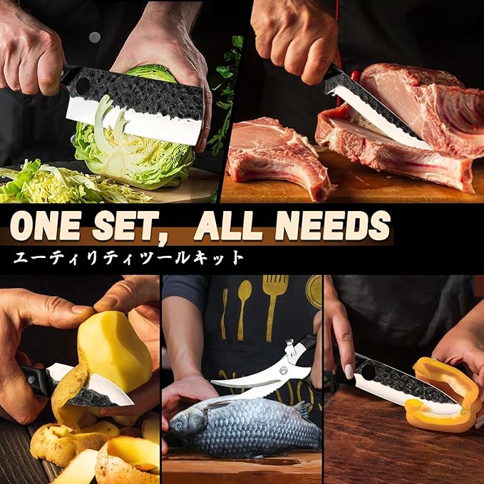 Golden Bird Japanese Chef Knife Set with Roll Bag, Hand Forged Butcher Knife Set for Meat Cutting, Outdoor BBQ Knives for Men, Christmas Gifts for Men Women