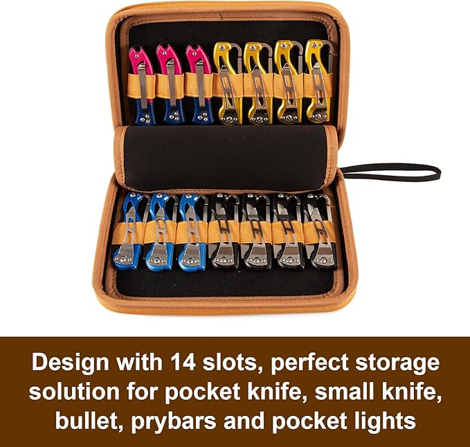 HERSENT Pocket Knife Display Case,Knife Storage Organizer,14 Slots Folding Knife Storage Case,Small Knife Collection Carrier Bag for Survival Tactical Outdoor EDC Mini Knife (Black+Brown)