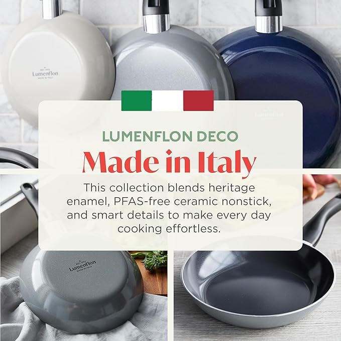 Lumenflon Deco 9.5” Nonstick Frying Pan Skillet, Made in Italy, Diamond Ceramic PFAS-Free, Dishwasher & Metal Utensil Safe, Durable Gloss Enamel Finish, Stay-Cool Handle, High Walls-Extra Room, Gray