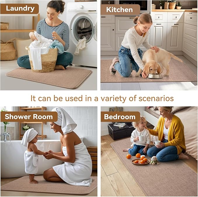 Kitchen Mat Kitchen Rugs Sets of 2 PCS Non Slip Washable, Linen-Like 0.3" Thick Cushioned Absorbent Kitchen Mats for Floor, Mild Anti-Fatigue Sink Laundry Standing Mat, Brown 17"x30"+17"x59"