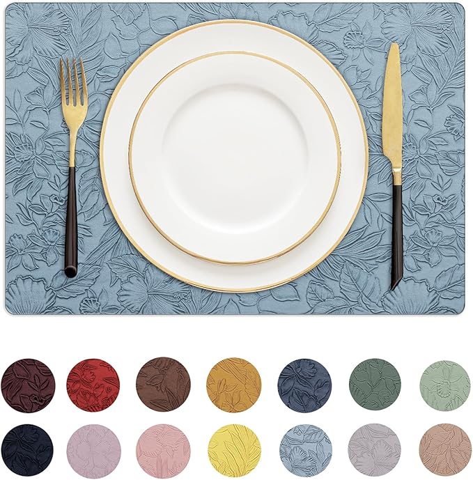 Romanstile Vinyl Placemats Set of 6-12 X 17 Inch - Heat Resistant Non-Slip Embossed Floral Place Mats 100% Waterproof Oilproof Wipeable Faux Leather Table Mats for Kitchen/Dining/Party, SkyBlue
