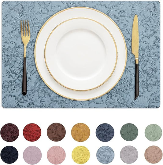 Romanstile Vinyl Placemats Set of 6-12 X 17 Inch - Heat Resistant Non-Slip Embossed Floral Place Mats 100% Waterproof Oilproof Wipeable Faux Leather Table Mats for Kitchen/Dining/Party, SkyBlue