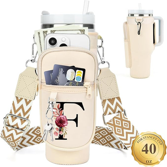 LOKASS Personalized Water Bottle Holder with Strap for Stanley Cup Accessories 40 oz Tumbler, Initial Water Bottle Carrier Bag/Phone Pocket, Mother's Day/Birthday Gifts for Women/Girls
