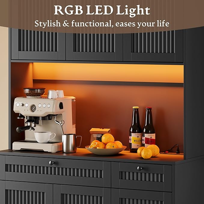 Pantry Cabinet with Charging Station and Light, Tall Kitchen Pantry Storage Cabinet with Microwave Stand, Wide Fluted Kitchen Hutch with Storage Drawers and Adjustable Shelves for Dining Room