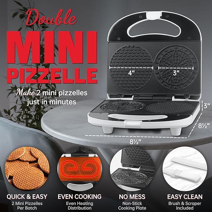Mini Pizzelle Maker Machine with a 3'' Cutter, Mini Stroopwafel Iron, Bake 2 x 4'' Pizzelles or 3'' Stroopwafels, Excellent for Holiday, Party, Dessert Treat Making & More