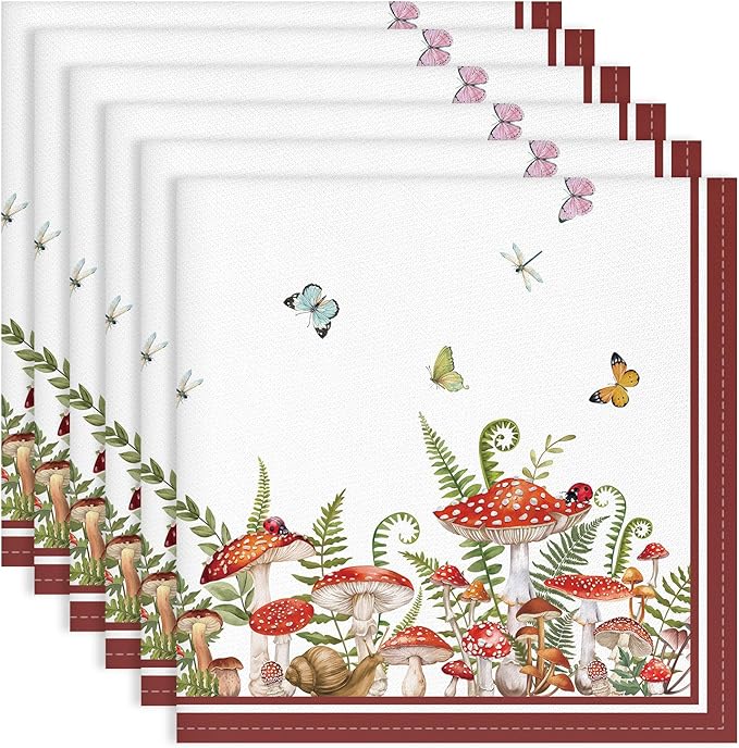 Mushroom Napkins, 18×18 Inch Floral Butterfly Dinner Cloth Napkins Set of 6, Washable Cotton Soft Absorbent Square Napkins for Dining Kitchen Party Wedding Decoration