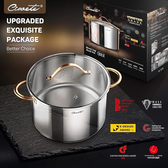 Ciwete Stock Pot 12 Quart, 18/10 Tri-Ply Stainless Steel All Clad Stock Pot with Lid, Seamless 12 QT Cooking Pot with Copper Handle, Healthy Stockpots, Induction, Gas, Oven and Dishwasher Safe