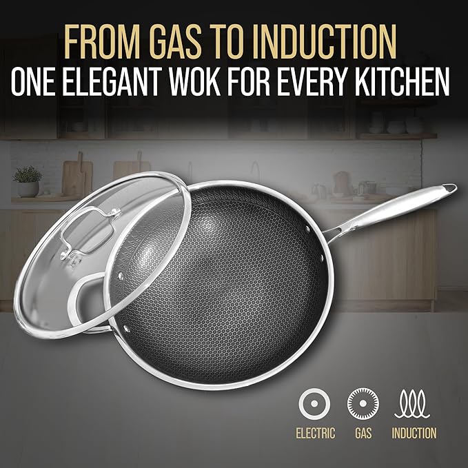 MUGAA 12.5” Nonstick Stainless Steel Wok Pan with Lid | Tri-Ply Honeycomb Hybrid Stir-Fry Pan | Nonstick Woks & Stir-Fry Pans | PFOA-Free, Induction, Dishwasher & Oven Safe