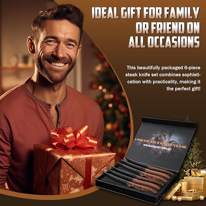 DRAGON RIOT Steak Knives Set of 6, Ultra Sharp Steak Knife Set Japanese VG-10 Stainless Steel Non Serrated Steak Knives Full Tang Wood Handle with Gift Box