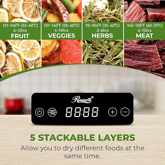 Rosewill Compact Food Dehydrator, 5 Stackable Trays with Adjustable 48H Timer and Temperature Control - 400W Electric Food Dryer for Jerky, Fruits, Herbs, Veggies, Meat & Dog Treats