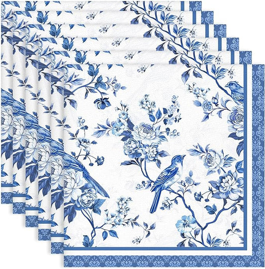 Bird Flower Napkins, 18×18 Inch Blue Branch Dinner Cloth Napkins Set of 6, Washable Cotton Soft Absorbent Square Napkins for Dining Kitchen Party Wedding Decoration