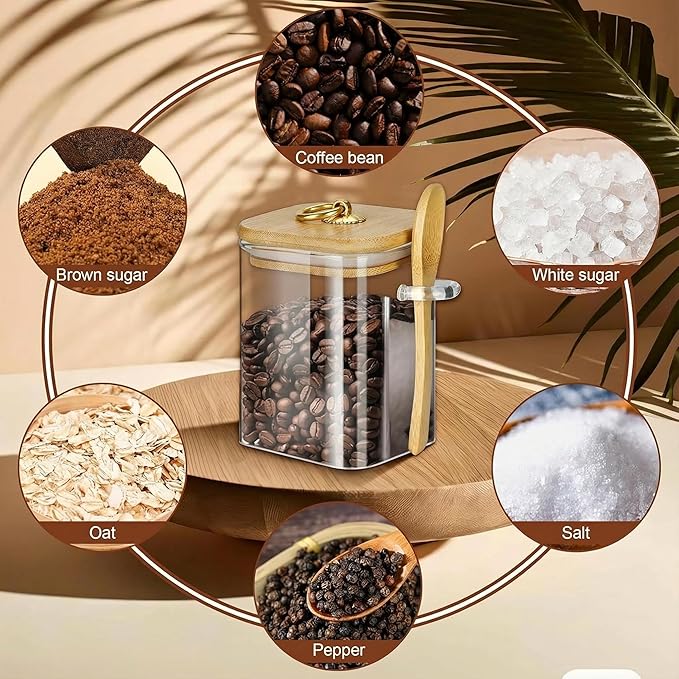 Glass Jars with Bamboo Lids and Spoons, 16 oz Glass Storage Containers with Lids for Dry Food Storage Sugar, Coffee, Nuts, Cookie, Candy, Tea, Airtight Kitchen Canisters Spice Jars