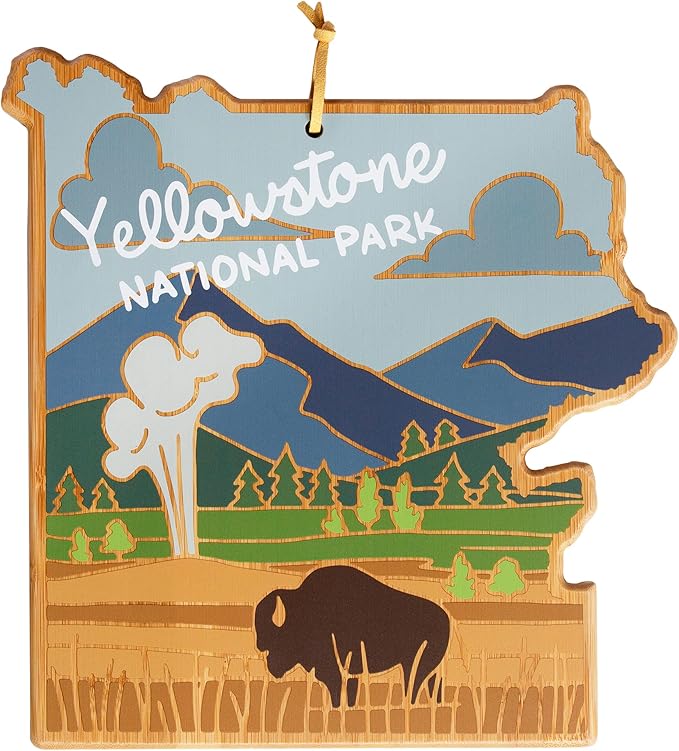 Totally Bamboo Yellowstone Park Shaped Cutting Board and Charcuterie Serving Platter with Artwork by Summer Stokes, Includes Hang Tie for Wall Display