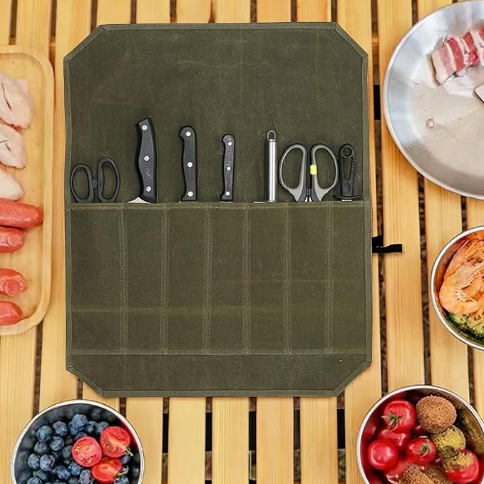 ZHQZZPH Waxed Canvas Chef Knife Roll Bag | Multi-Slot Protector Professional Organization for Kitchen Tools & Cutlery - Secure Blade Holder Travel Pouch & Multi-Purpose Storage Case