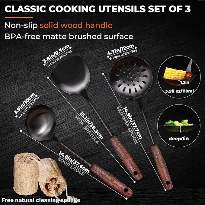 Wok Spatula and Ladle,Skimmer Ladle Tool Set,15 Inches 18/10 Stainless Steel Vintage Wok Utensils,Wok Spatula and Ladle Set with Solid Wooden Handle，Wok Accessories with Natural Cleaning Loofah Sponge