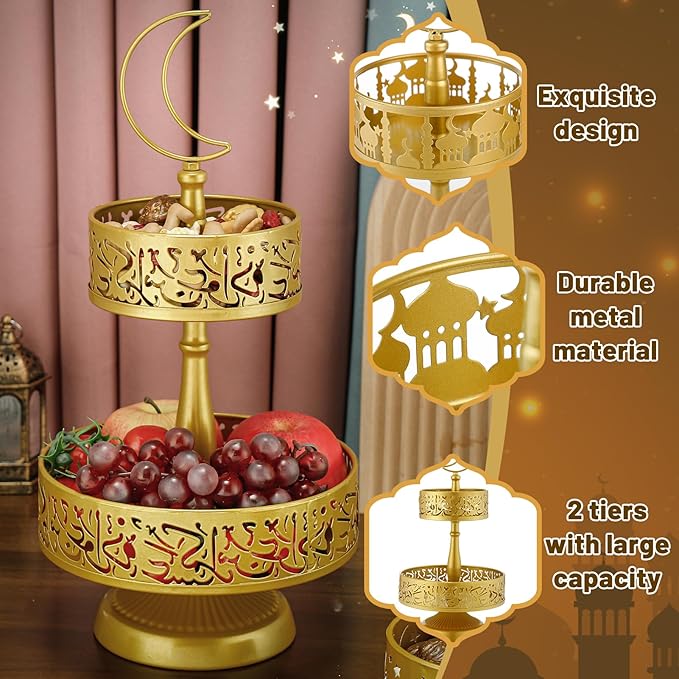 2 Tiered Ramadan Serving Trays Decorations for Home - Eid Mubarak Metal Platters Table Decor Gifts, Islam Muslim Al-Fitr Iftar Party Food Display Dishes (Arabic Word Pattern)