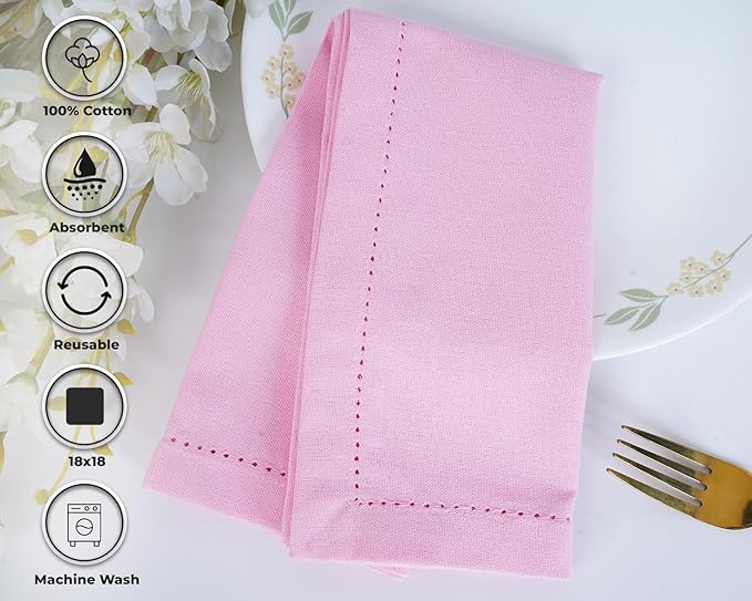 Blue Needles Set of 12 Hemstitch Linen Napkins 100% Cotton Blush Pink Cloth Dinner Napkins 18x18 inches, Soft, Reusable, Absorbent, Washable, Ideal for Wedding Events, Parties & Everyday Use