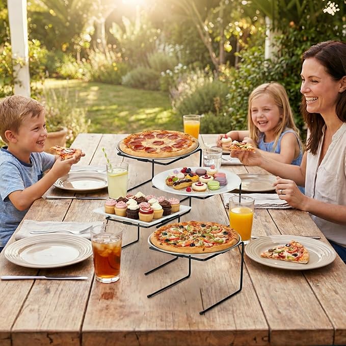 MyGift Black Metal Pizza Table Stands, Tabletop Pizza Pan Riser Food Platter Tray and Display Rack, Set of 4