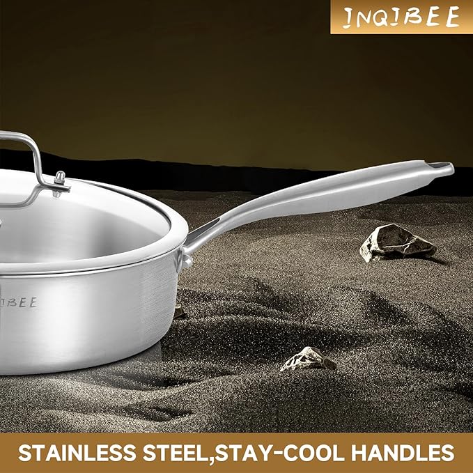 Inqibee Tri-Ply 7 Quarts Stainless Steel Sauté Pan with Lid, 12 Inch Induction Deep Frying Pan, Large Skillet,Jumbo Cooker, Dishwasher and Oven Safe,Detachable Handle.